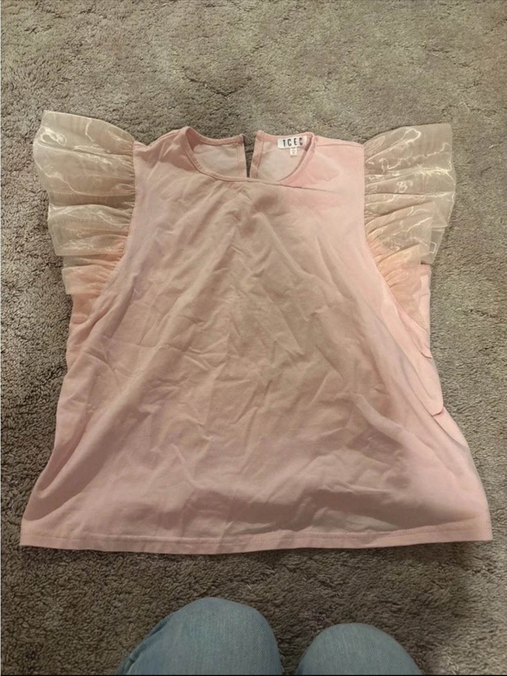 TCEC Pale Pink Sleeveless Top with Sheer Ruffle Sleeves